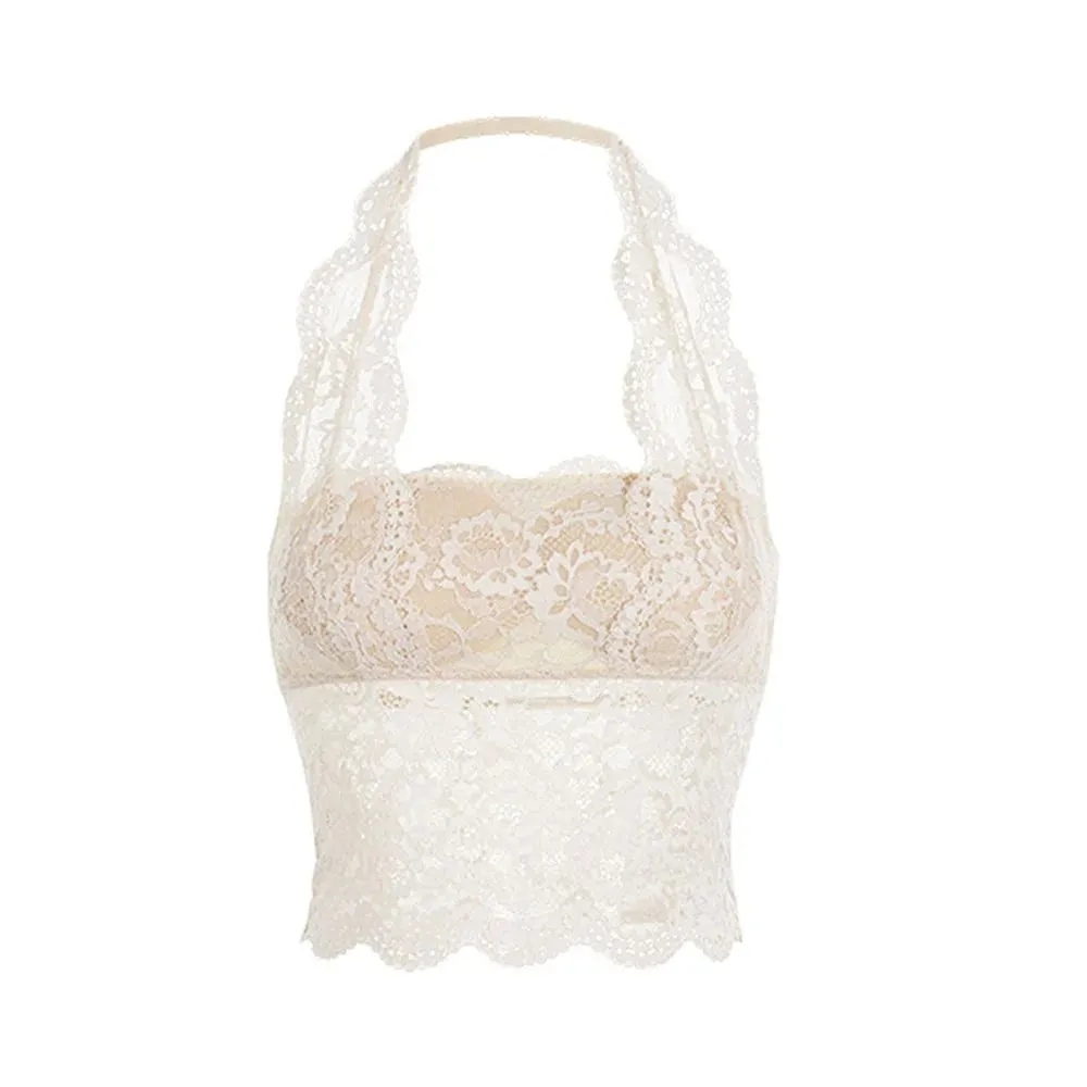 Chest Cushion Top Mesh Flower Lace Camisole Sleeveless Transparent Lace Crop Tops Bottoming Shirt Halter Neck Camisole Ladies