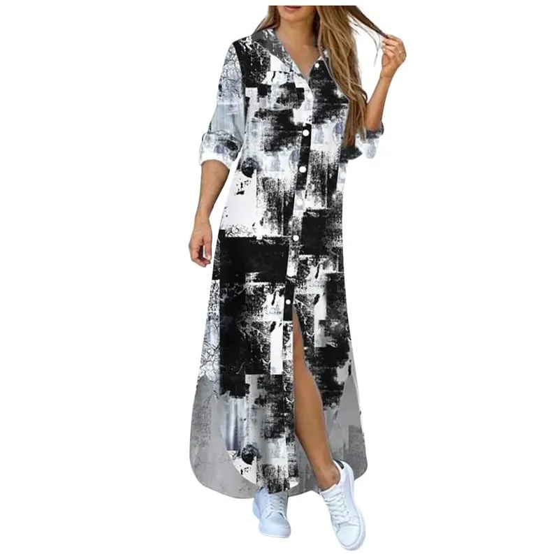 Robe longue en Denim pour femmes, manches longues, chemise, avec poches, boutons, imprimée, décontractée, ample, nouvelle collection automne 2023