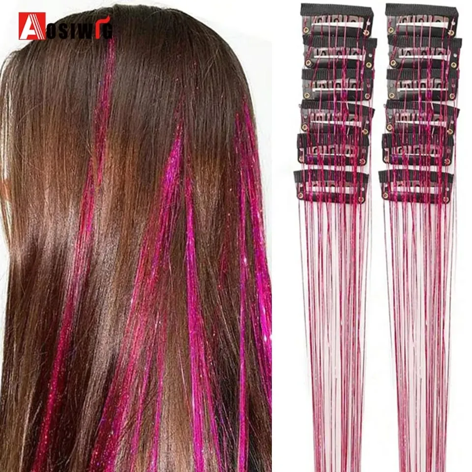 12Pcs/Pack Sparkle Blonde Hair Extensions Clip In Rainbow Shiny Sparkle Hair Tinsel Heat Resistant Sparkle Hair Extensions For W