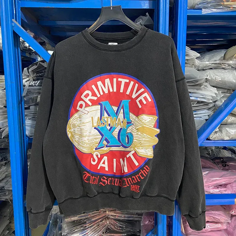 Autumn Winter Classic Overlapping Logo Print Saint Sweatshirts Men Women Couple Colorful Letters Graffiti Washed Black Pullovers