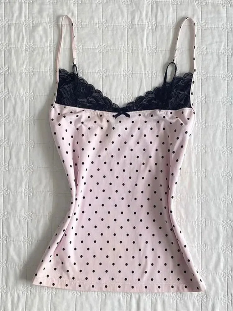 Summer Pink Black Polka Dots V-Neck Cami Strap Top Lace Trim Bow Detail Slim Fit Casual Sweet Sexy Y2K Trendy Women's Top