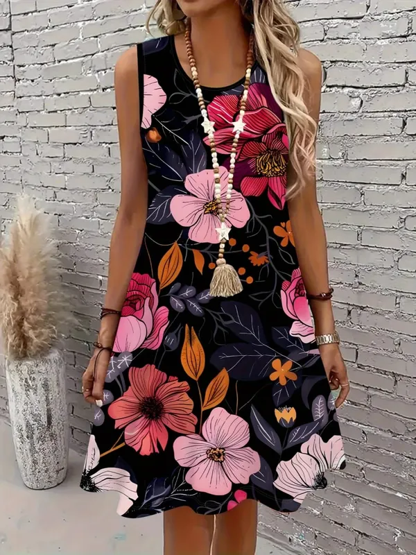 Women's Plus Size Floral Print Sleeveless A Line Dress Summer Vacation Style Dresses Y2k Ladies Clothes Bohemian Beach Dresses
