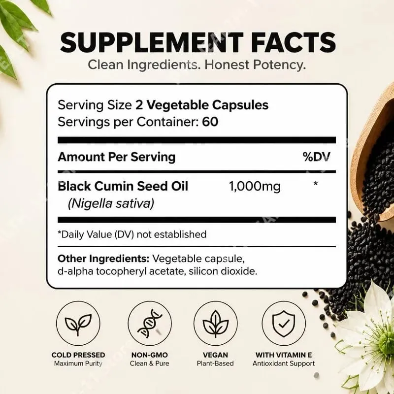 Black Seed Oil 120 Softgel Capsules with Pure Black Cumin Seed Oil 1000mg and Vitamin E - 500mg Each Skin Health Cold-Pressed