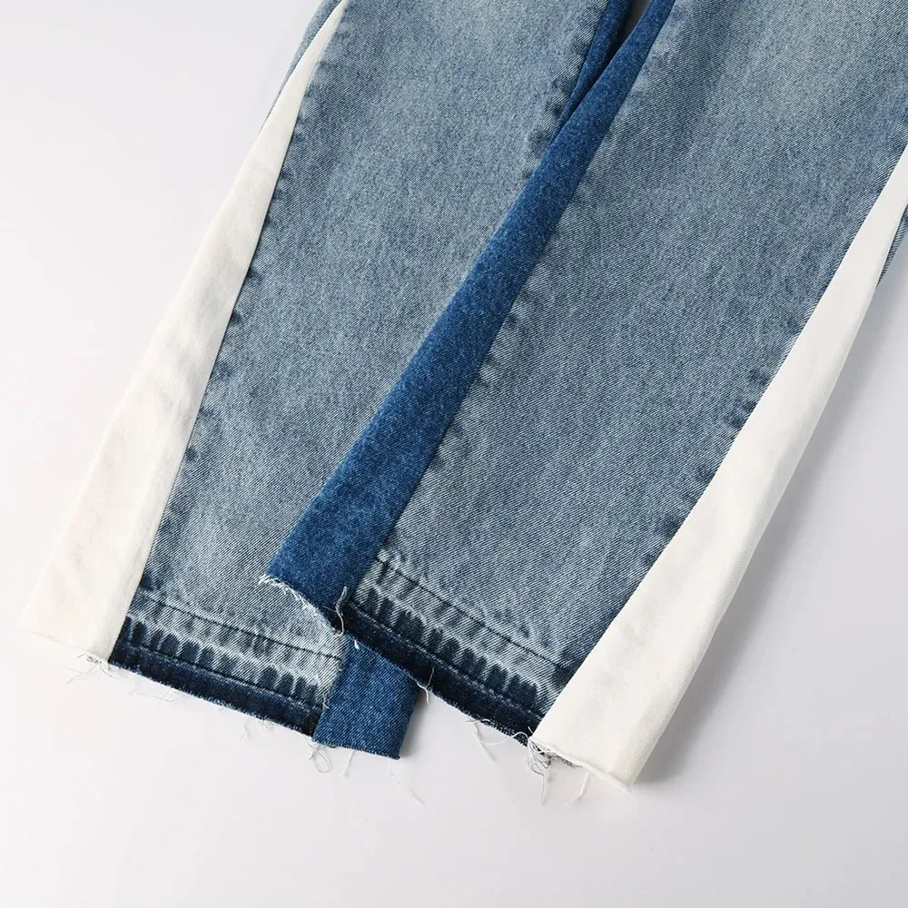 Men Spliced Flared Denim Jeans Patchwork Boot Cut Pants Streetwear Contrast Color Released Hem Blue Trousers