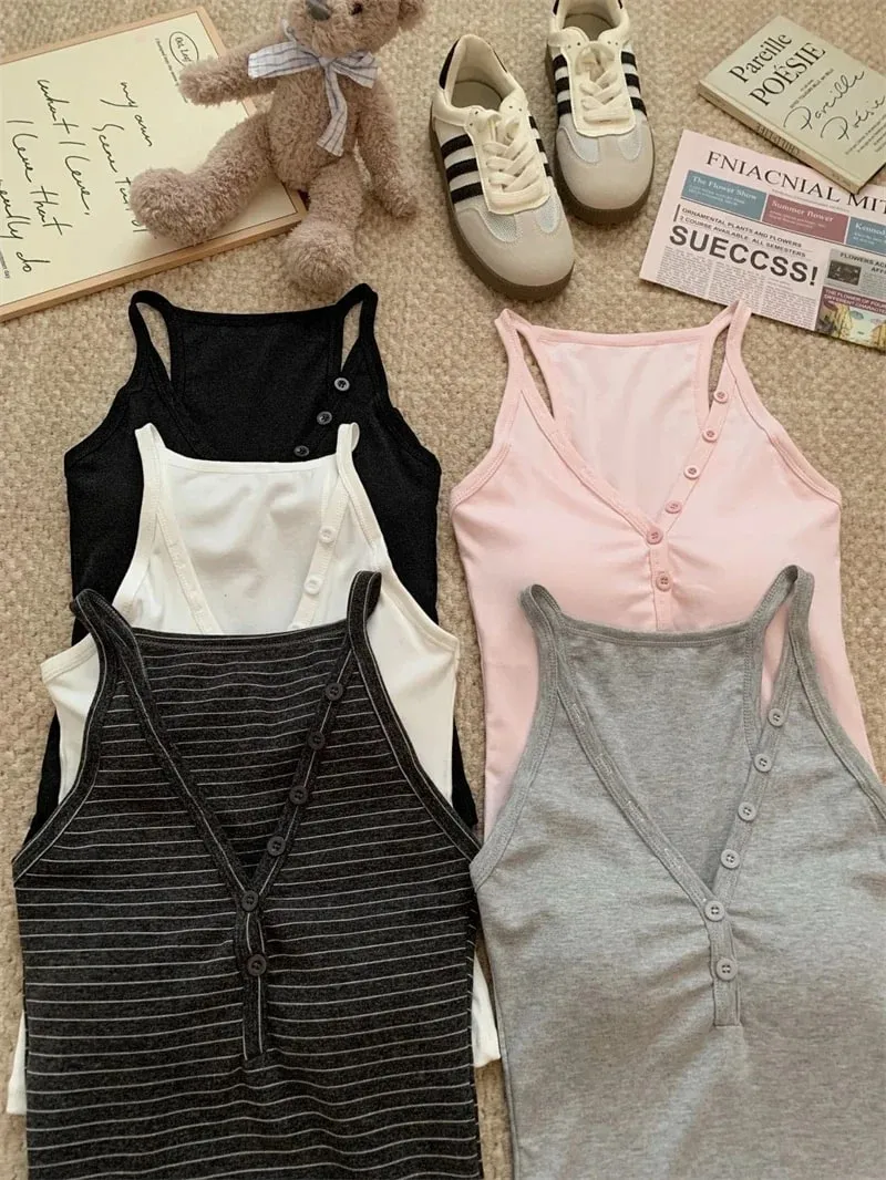 zjaiss Fashion Slim Fit Tank Top 2026 Summer V-neck Button Women Cami With Built-in Bra Pad Casual Basic Inner Top