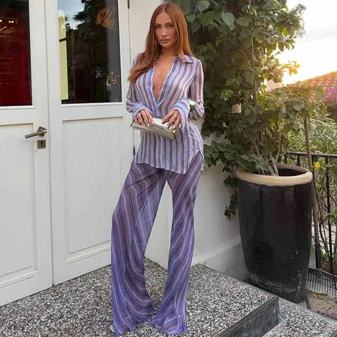 Stripe Wrap Tie Shirt Mini Dress Lapel Collar Long Flare Sleeve Loose Casual Dresses 2026 Summer Beach Vacation Fashion Outfit
