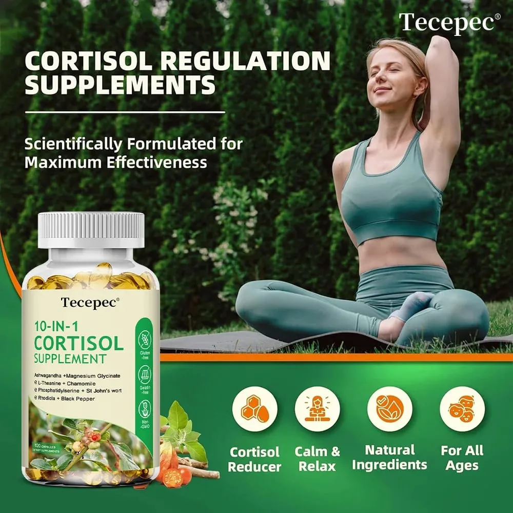 10-IN-1 Cortisol Supplement for Women Men with Ashwagandha Magnesium L-Theanine Balanced Cortisol Levels Night & Calm Support