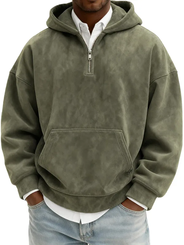 American New Fashion Men's Solid Color Half Zipper Long Sleeve Casual Trendy Daily Hooded Sweatshirts Male Hoodies Clothes Tops