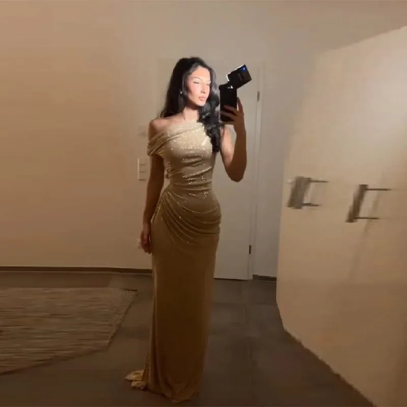 優雅一肩亮片派對禮服別緻性感露背褶皺設計修身女長禮服 2026 新款派對晚裝