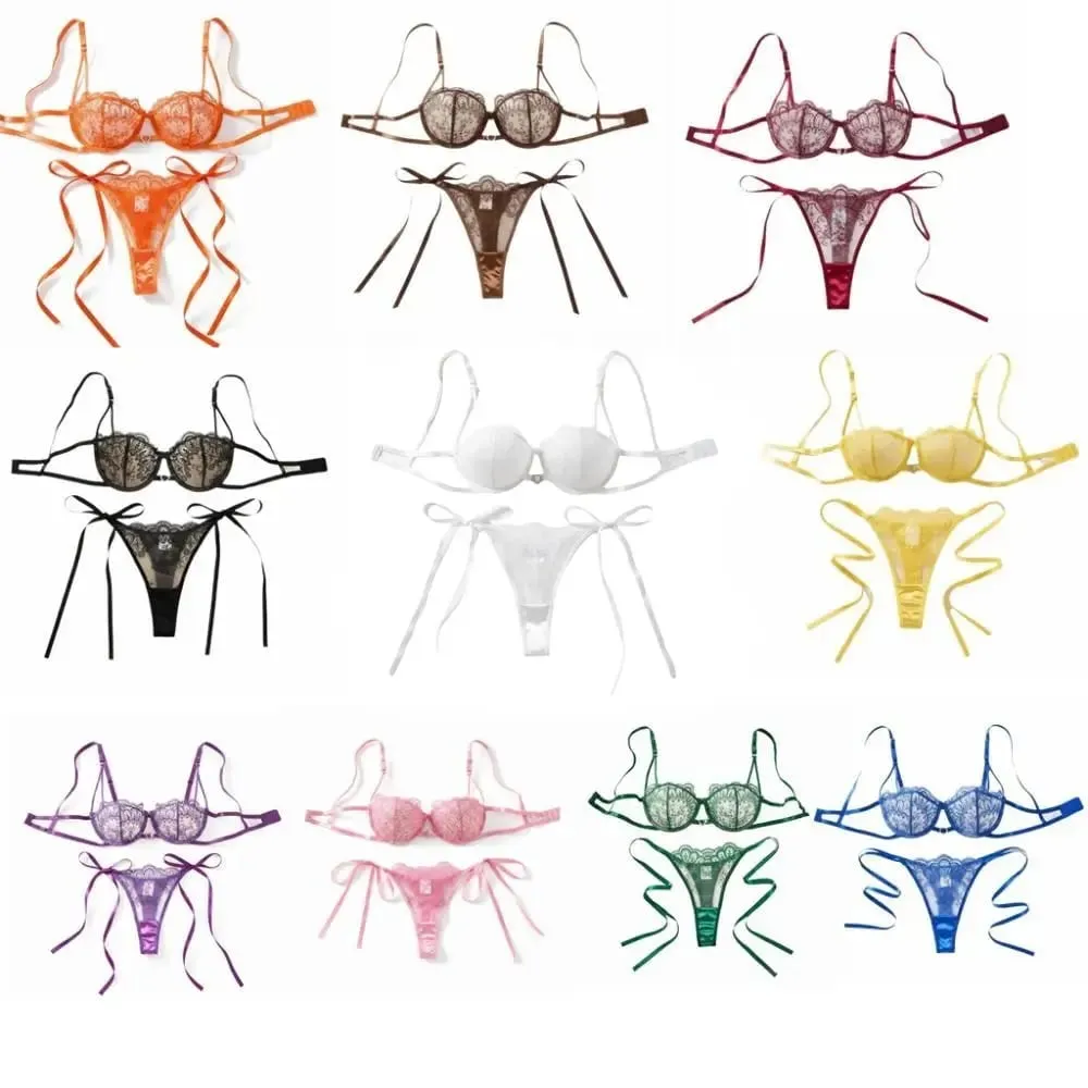 Elegant Floral Embroidery Lace Lingerie Set Lace-up Hollowed-out Thong Bra Suit Mesh Transparent Ultra-thin Underwear Sets Lady