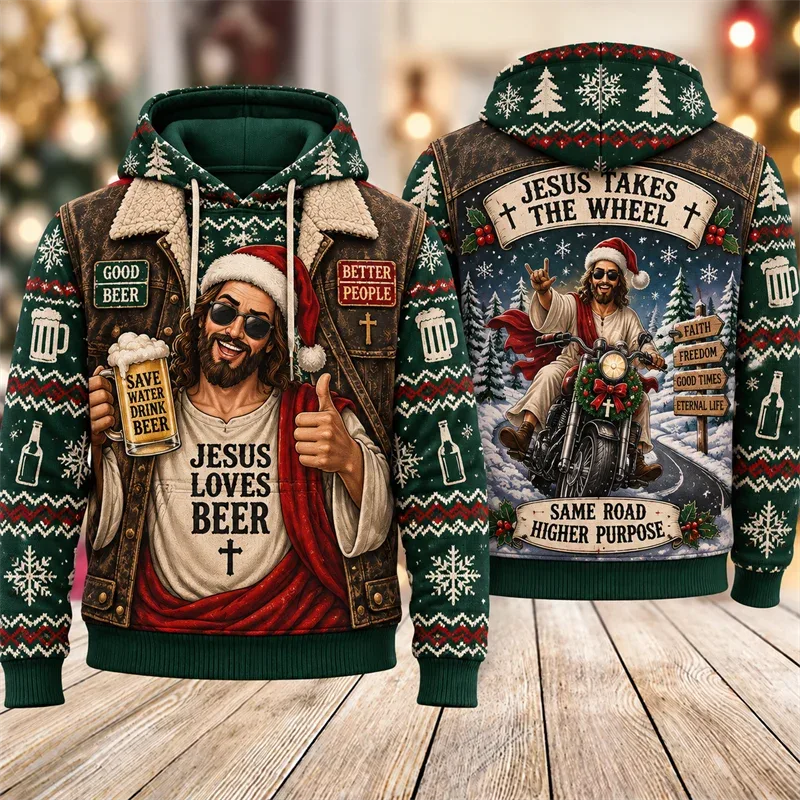 Funny Jesus Christmas Biker Hoodie 3D Graphic Motorcycle Rider Vintage Holiday Pullover Winter Streetwear Party Casual Gift