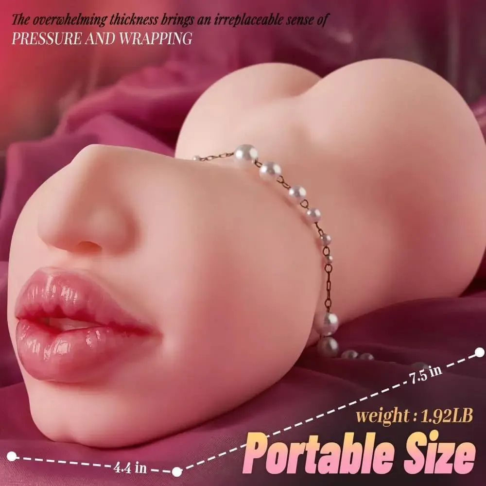 1pc Double-Ended Male Masturbation Sex Toy with Realistic Sexy Plump Lips Pocket Stroker Toy with Mouth Tongue&Textured Vagina
