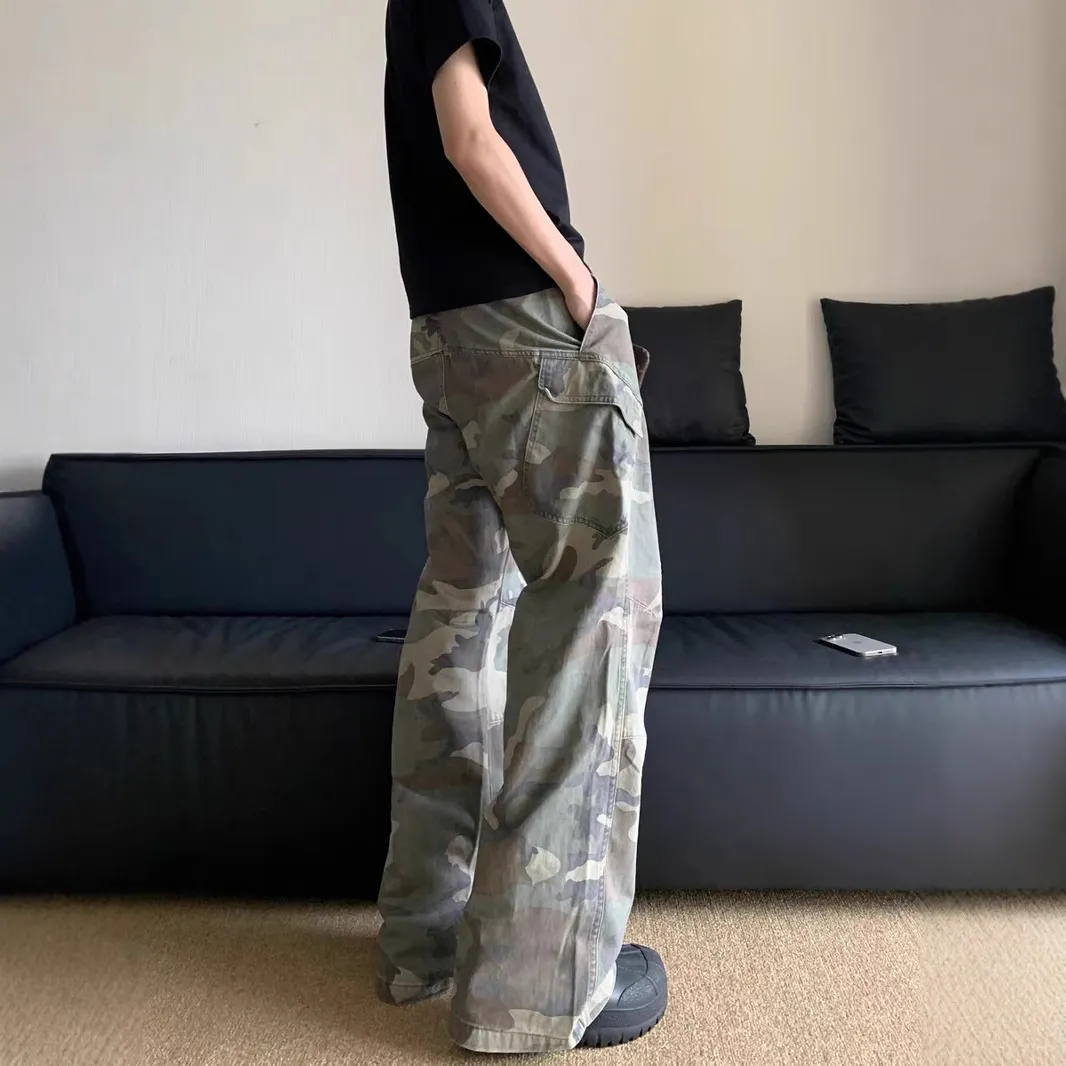 Mens Camouflage Cargo Pants Slim Straight Hiphop Jeans High Street Multi Pocket Micro Flare Trousers Streetwear