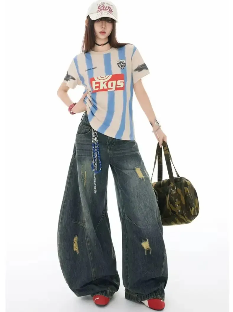 Retro-Style Curved-Leg Jeans Unisex Relaxed Fit Patchwork Soft Durable Women Men Versatile Washed Wide-Leg Pants