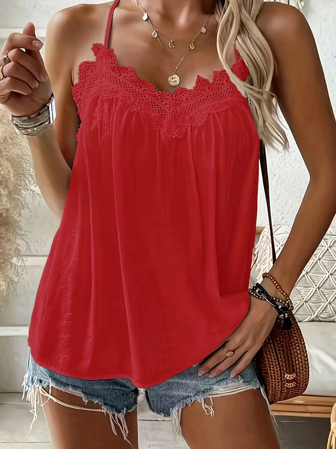 Lace Trim V-Neck Cami Top Summer Women's Casual Loose Pleated Sleeveless Tank Top