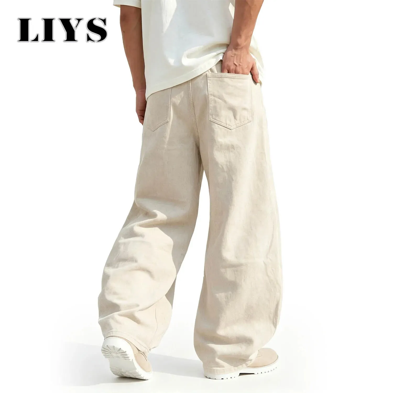 Men's American Beige Loose Wide Leg Jeans High Waisted Streetwear Hip-Hop Fashion Loose Denim Pants Y2K Retro Casual Pants