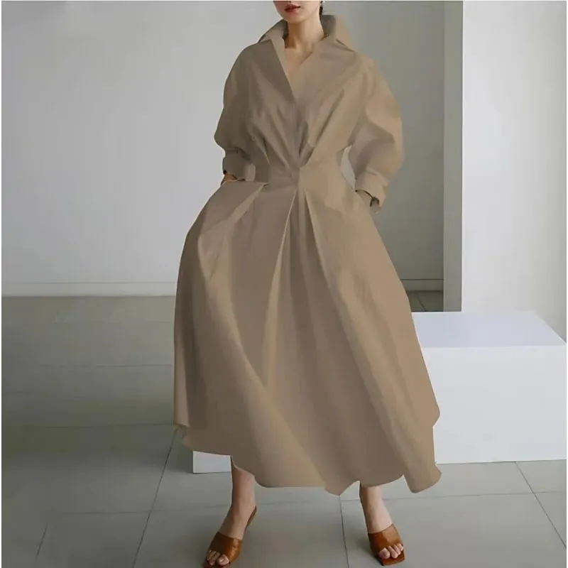 Elegant Women's Summer Dresses 2026 Loose A Line Maxi Shirt Long Sleeve With Pockets Office Commuter Street Casual Long Dress