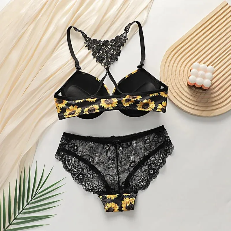 Women's Sunflower Bra Set Push Up Lace Back Lingerie Set 2 Piece Underwear 2026
