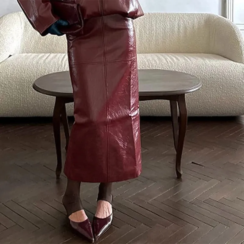 Vintage Green Leather Skirt Sets Women Fashion Solid Strapless Short Skirts Zipper Jacket Outfits Lady Daily Highstreet Outfit
