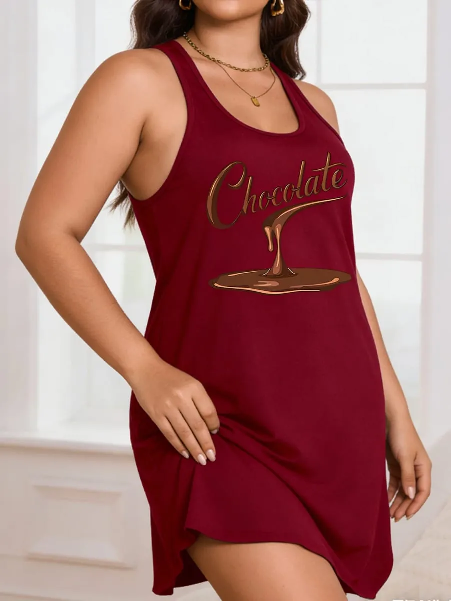 Large-Size Lady's 'Chocolate' Print Round-Neck Pullover Dress With a Close-Fitting and Comfortable Design Suitable for Casual