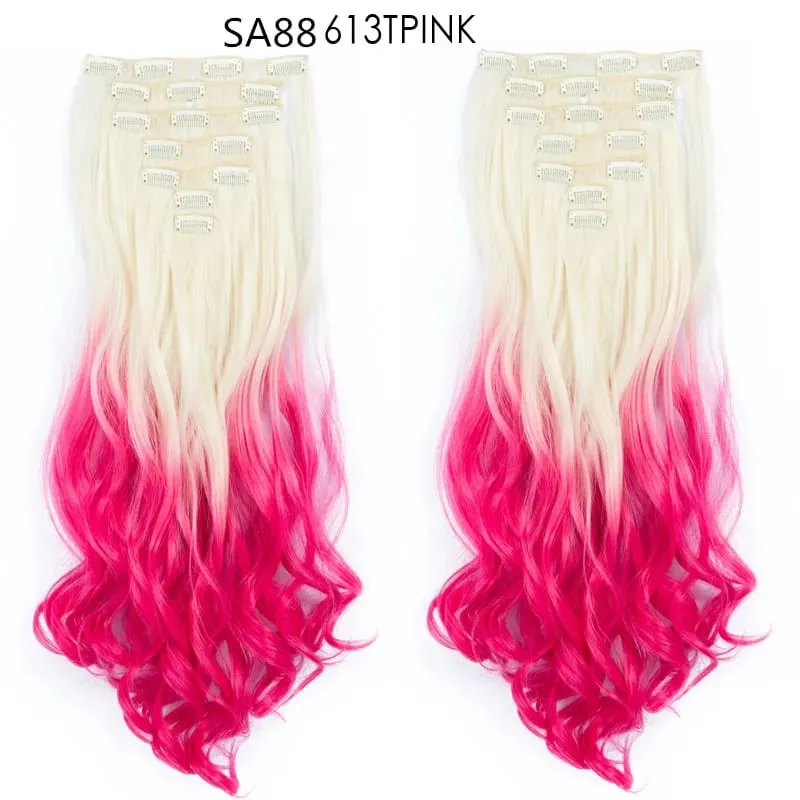 Clip in Long Wavy Synthetic Hair Extension 22 Inch 7PCS Thick Hairpieces Fiber Double Weft Hair for Women
