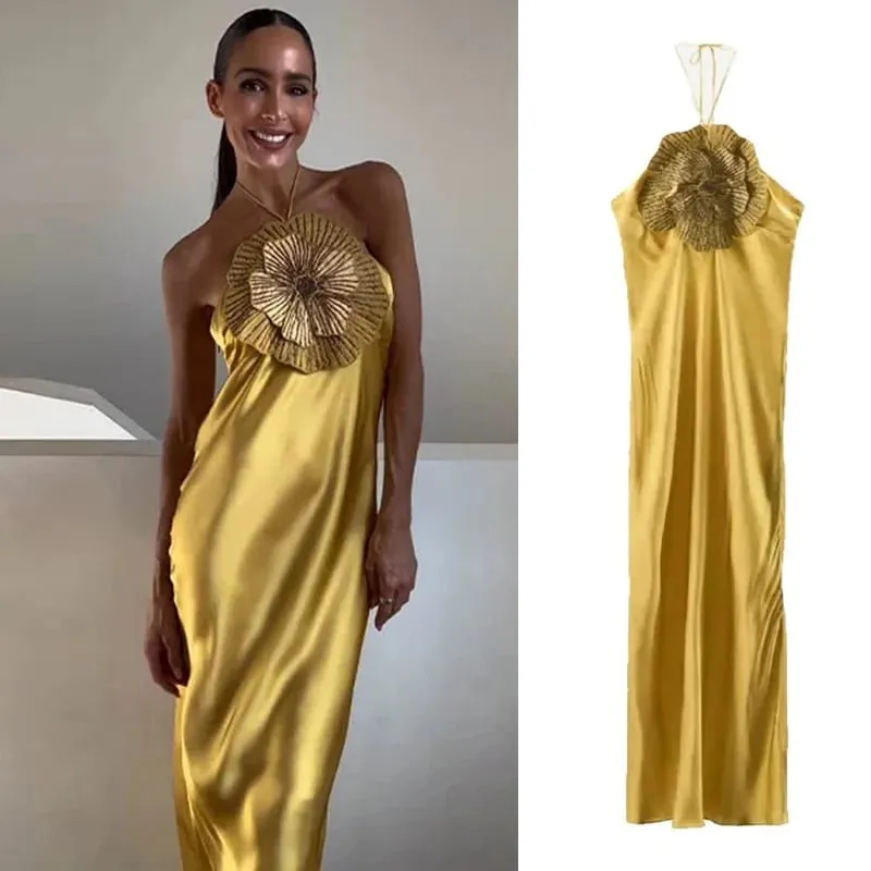 Robe de soirée élégante en Satin pour femmes, col licou, sans manches, dos nu, Chic, été, 2025