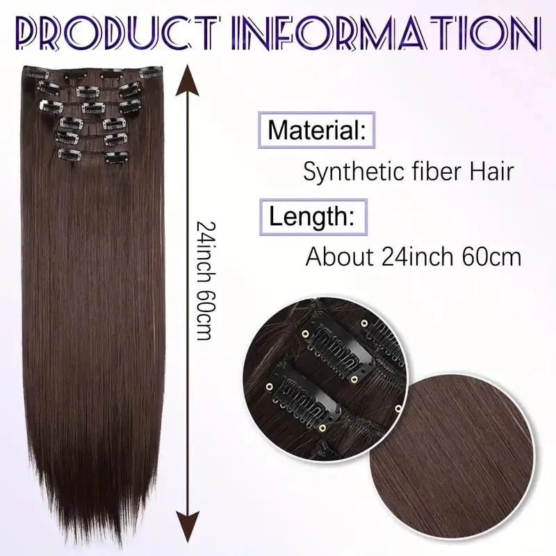 24Inch Synthetic 6pcs/set Long Straight Clip-in Hair Extension Heat Resistant Fiber Hair for Women Hair Accessories