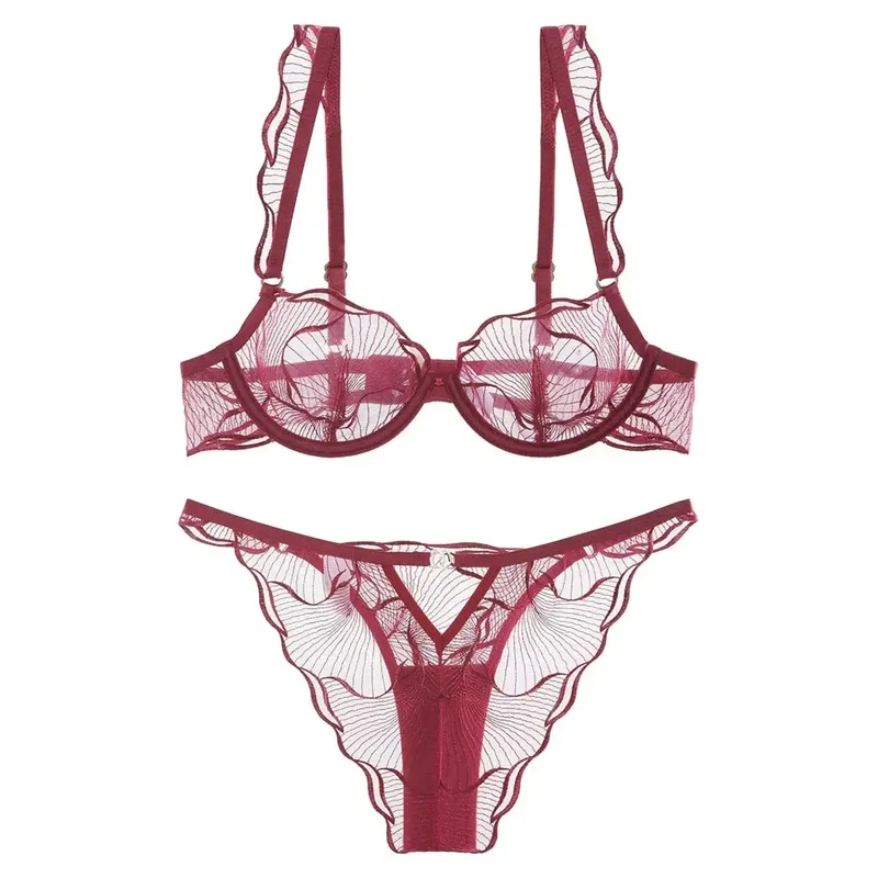 2 Pieces Summer Ultra Thin Breathable Women Underwear Sexy Lace Bra French Mesh Temptation Intimates Lingerie and Briefs Sets