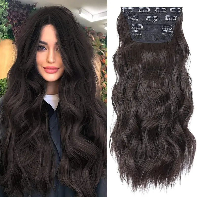 Clipe sintético longo ondulado feminino de alta temperatura, extensão de cabelo sintético, 4 peças, clipe longo, macio, ondas glam, grosso