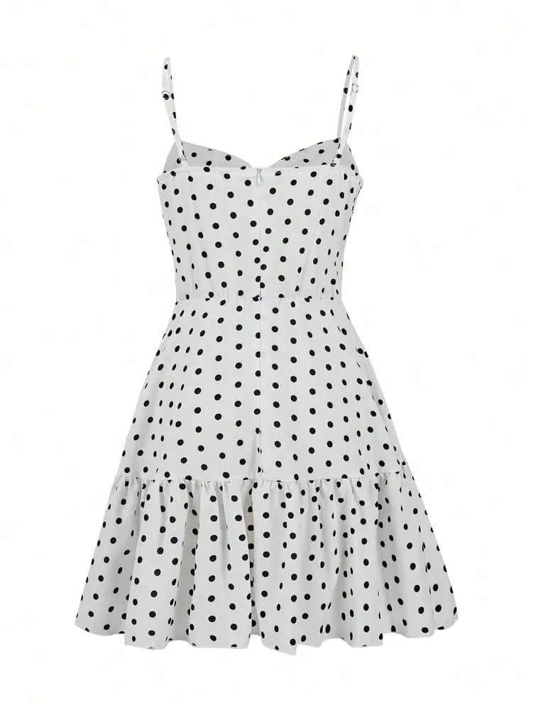 2026 Summer New Women's Polka Dot Mini Dress Sexy Spaghetti Strap Ruffle Hem Cami Dress Vacation Beach Party Dress