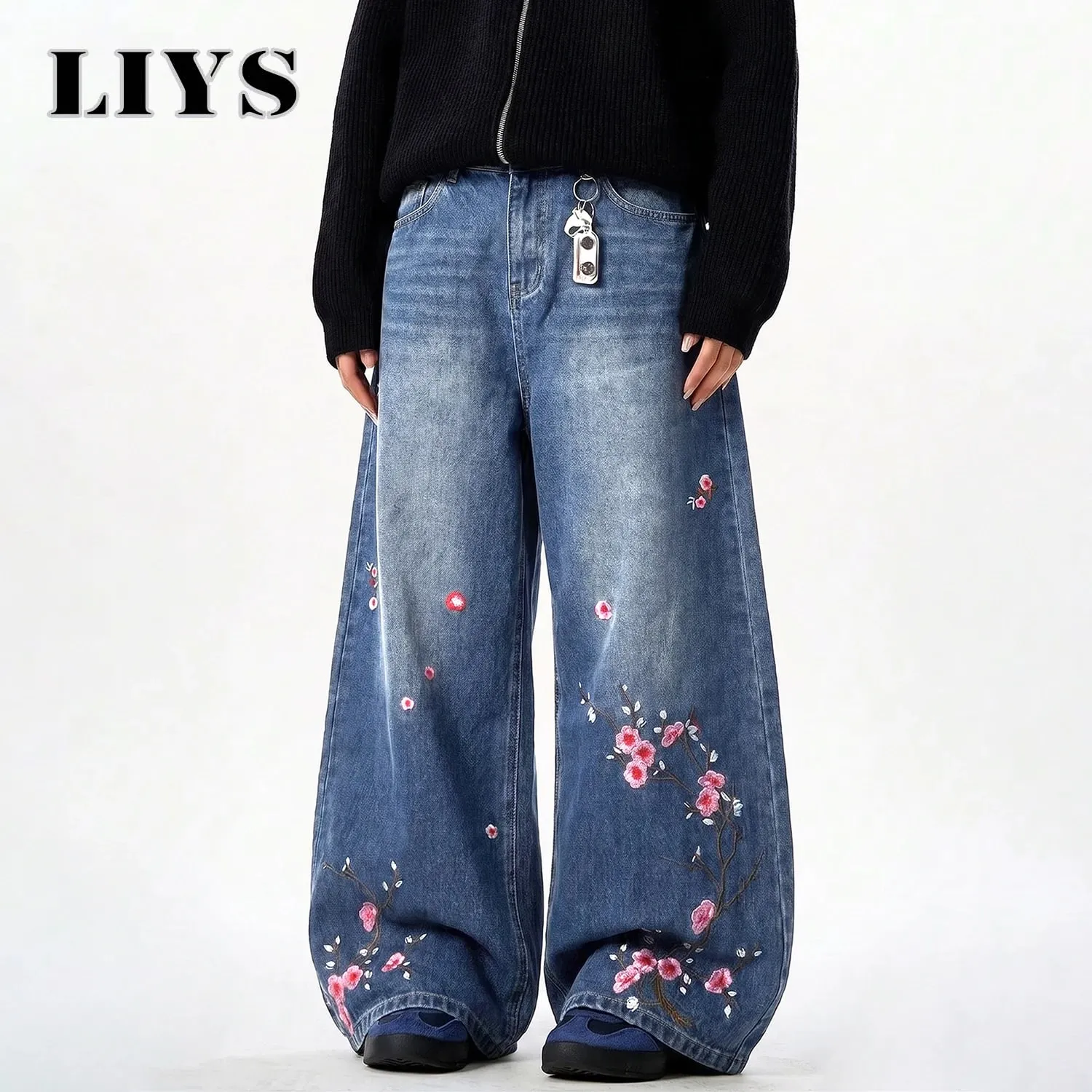 Men's Retor Plum Blossom Embroidered Baggy Jeans Blue Washed Wide Leg Denim Streetwear Casual Denim Pants Unisex