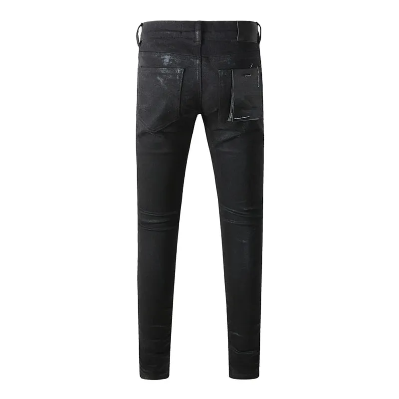 Men's American High Street Distressed Solid Black Coated High Stretch Skinny & Slim Fit Jeans Pant