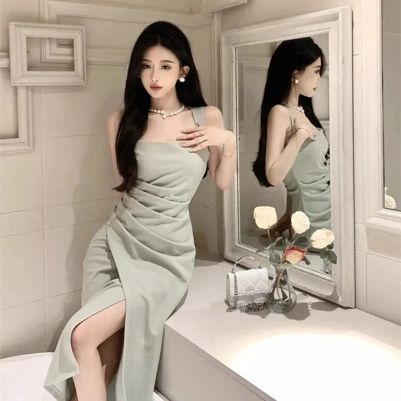 Women Premium Light Green Draped Square Neck Mid Calf Dress Lady Elegant Sleeveless Side Slit Dress Female Summer Concise Dress — image 2