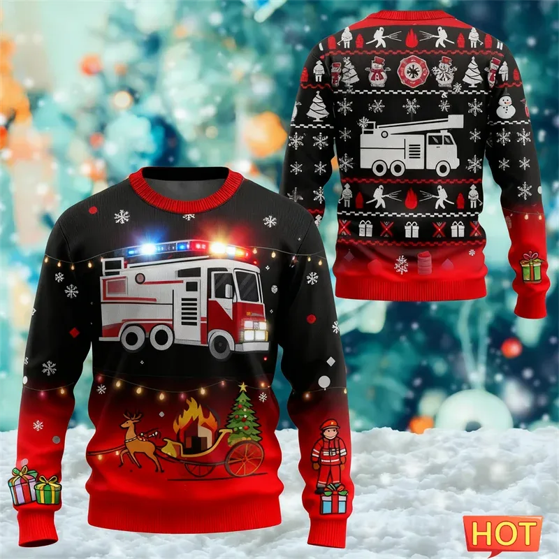 Fashion Fire Truck Graphic Ugly Christmas Sweater For Men Trendy Streetwear 3D Printed O Neck Sweatshirts Loose Streetwear Tops — image 9