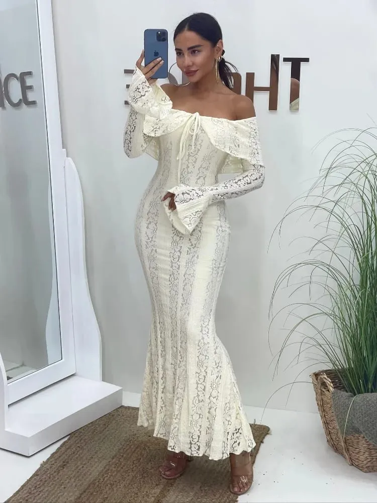 White Lace Patchwork Long Dress Women's Pleated Ruffle Sleeve Off shoulder bodycon See Through Vestidos 2025 Lady Party Gowns