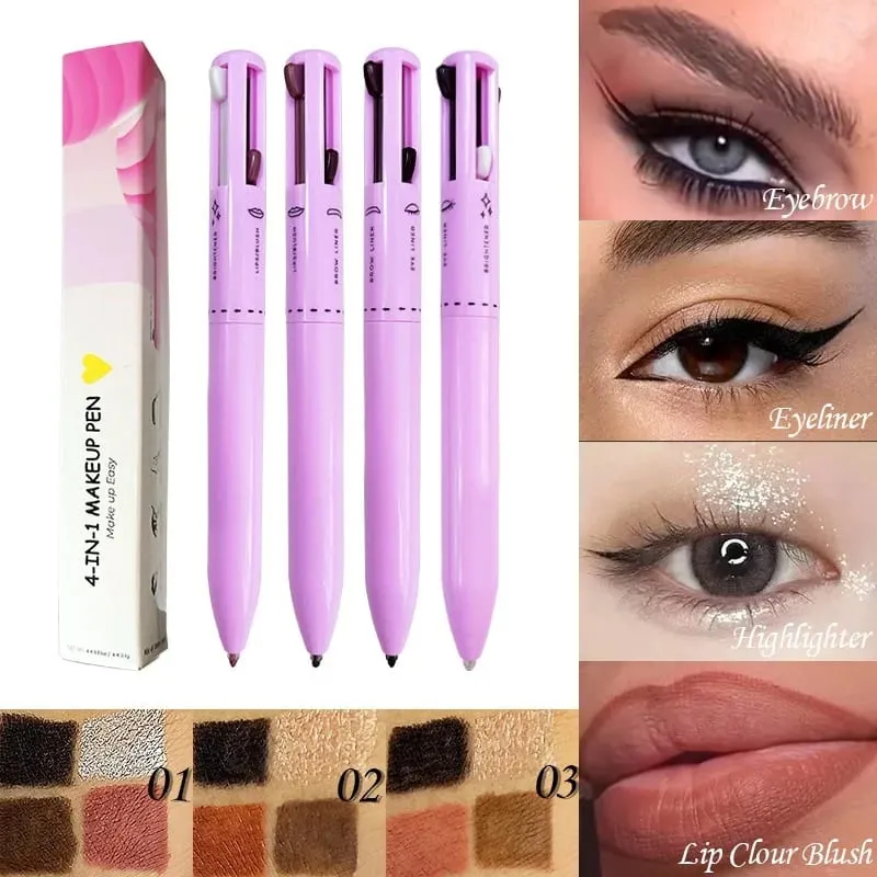 Lápiz de maquillaje 4 en 1, lápiz de cejas de larga duración, delineador de labios de Color fácil, resaltador, lápiz delineador de ojos de gusano de seda, herramienta de maquillaje impermeable