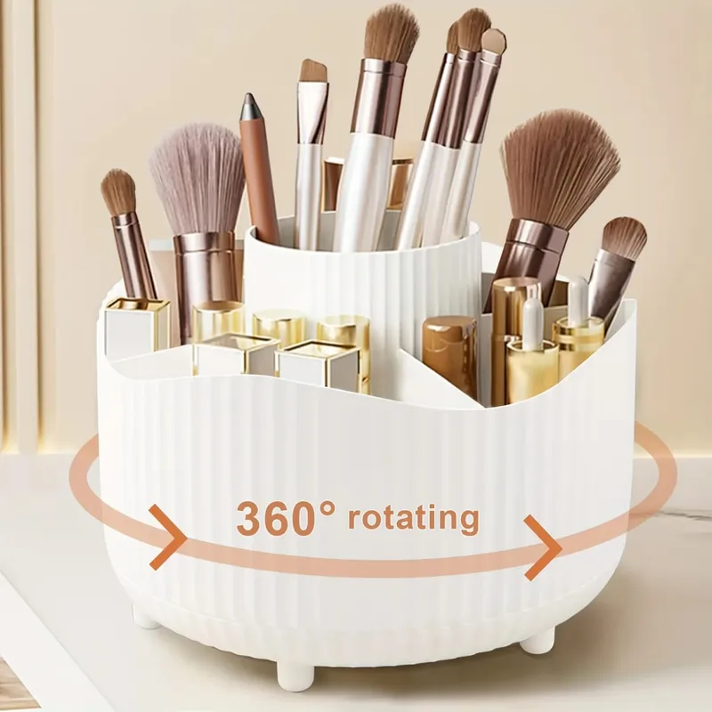 360-Degree Rotating Makeup Organizer 5 Slot Plastic Cosmetic Storage Elegant Stripe Versatile Holder for Brushes Office Supplies