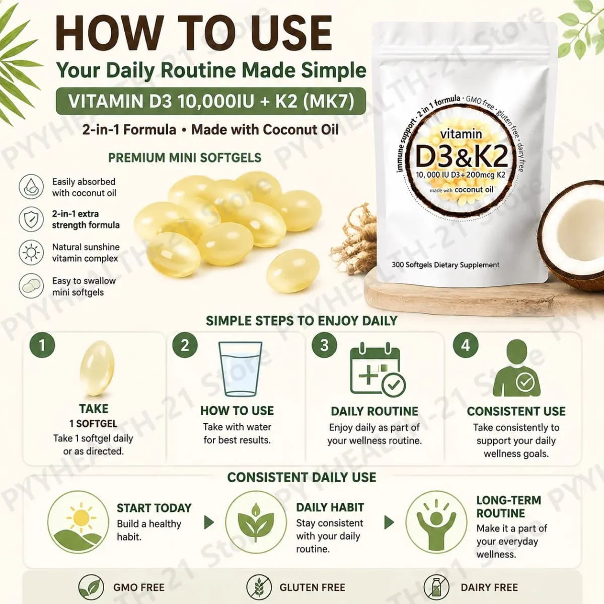Vitamin D3 10000 IU K2 MK-7 200 mcg Softgels with Coconut Oil 2 in 1 Supports Strong Bones Immune Function Heart Health 300 Ct