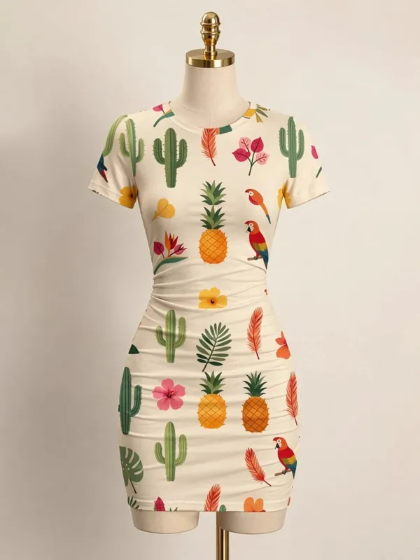 Kortærmet Dame Bodycon Minikjole Slim Fit Rundhals Blomsterprint Afslappet sommerfest Let flatterende festsolkjole