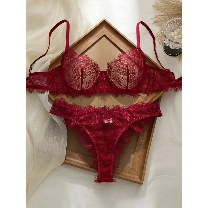 Ladies' Basic Style Thin Lace Bra and Panty Set Seamless Single Layer Eyelet Underwear Comfortable Intimate Apparel — image 4
