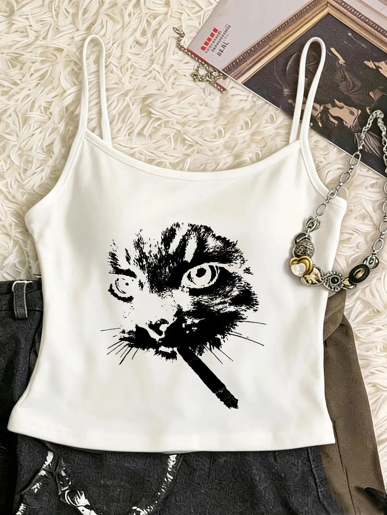 Retro Smoking Cat Print Camisole Top Y2k Style Streetwear Spring/Summer Women's Vest Graphic Crop Top Tank Top