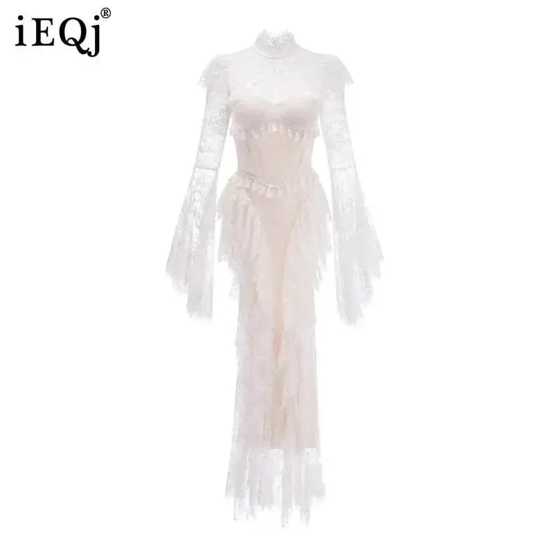 Summer Stand Collar Lace Tassel Hollow Out Flare Sleeve Dress Women Boned Waist Tiered Mermaid Dresses New 3A2709