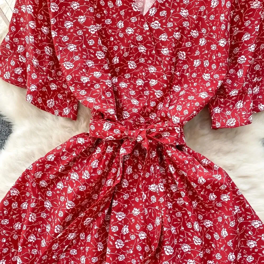YuooMuoo Chic Fashion Vintage Floral Print Women Dress Elegant V-neck Belted Maxi Summer Dress Korean Vacation Beach Vestidos