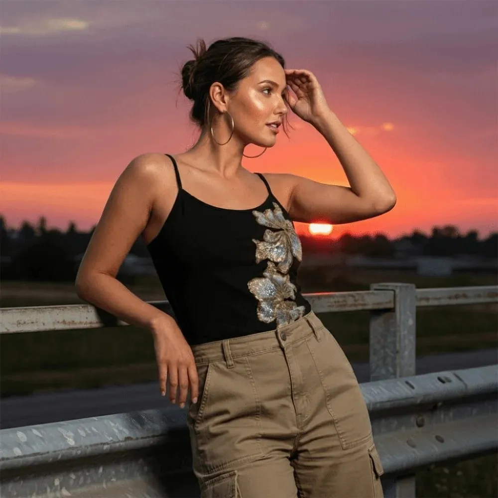Casual Vintage Summer Tanks Black Sleeveless Women's Tops Bodycon Fit Floral Print Camis Tops Spring Summer