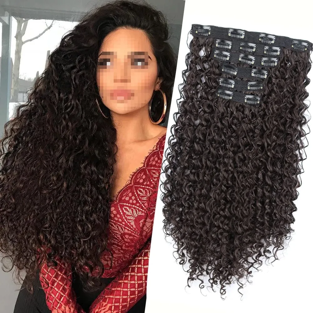 Synthetic 16 Clip In Hair Extensions Kinky Curly Fluffy Black Blonde Full Head Fake Pieces Hair Extensions For Black Women