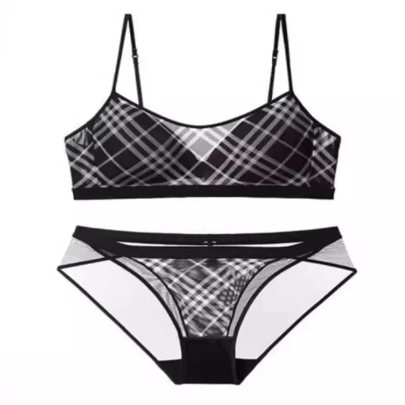 Women American Retro Plaid Intimates Set Thin Push Up Bra Anti Sagging Armpit Fat Support Comfort Everyday Wear