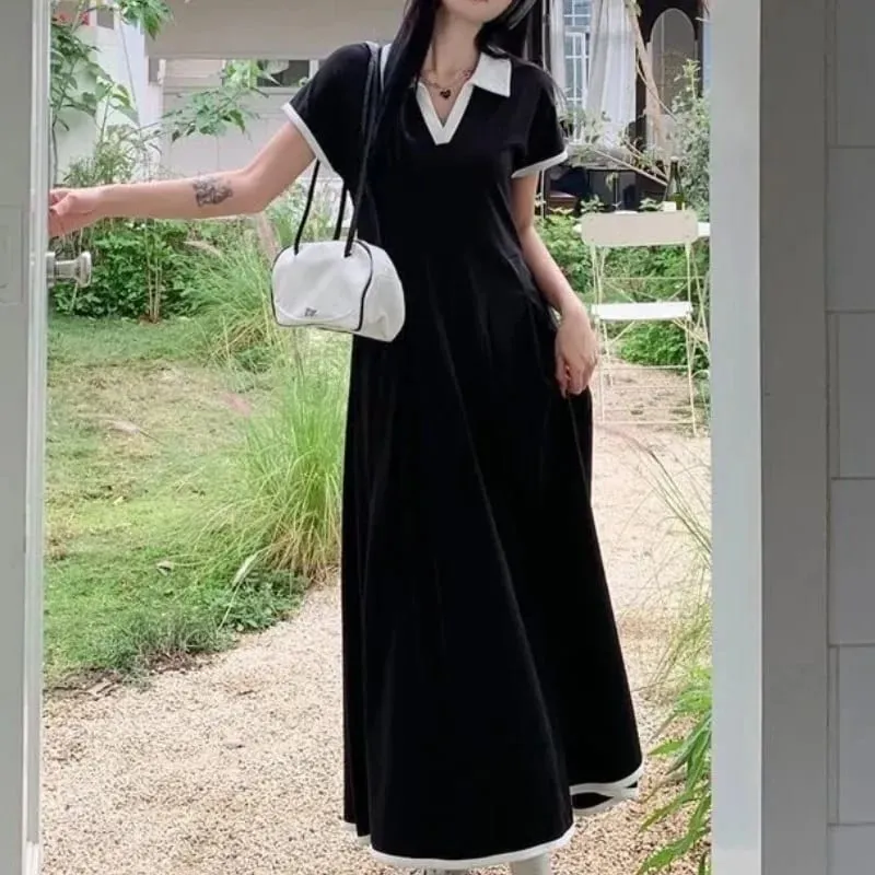 Women Autumn Midi Dresses New Black Vintage Ins Simple Y2K V-neck Korean Preppy Style Elastic Long Sleeved A-Line Sports Dress — image 4