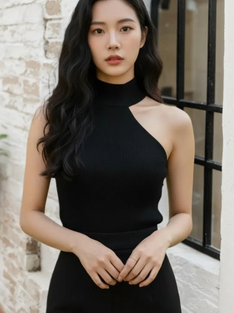 2026 Summer Women Crop Top Sleeveless Turtleneck Female Tank Tops Knitted Off Shoulder Vests White Beige Sexy Clothing Black