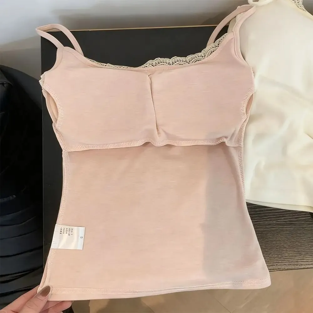 Fashion Elastic Camis Tank Tops with Chest Pad Versatile Lace Tops Integrated Top Slim Vest Cute Women Clothes