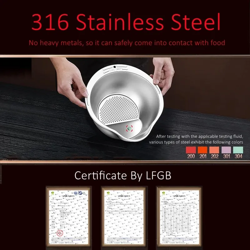 LFGB Certification 316L Stainless Steel Kitchen Washing Basin 99.9% Anti-bacterial Rice Fruit and Vegetable Cleaning Strainer